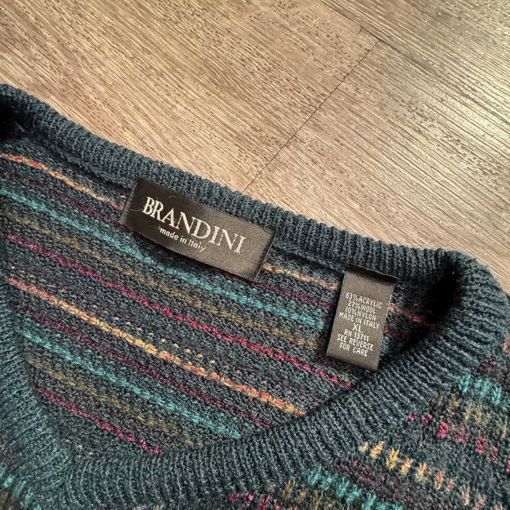 Brandini Sweater Mens XL Striped Wool Blend Made in Italy V Neck Retro Knit VTG